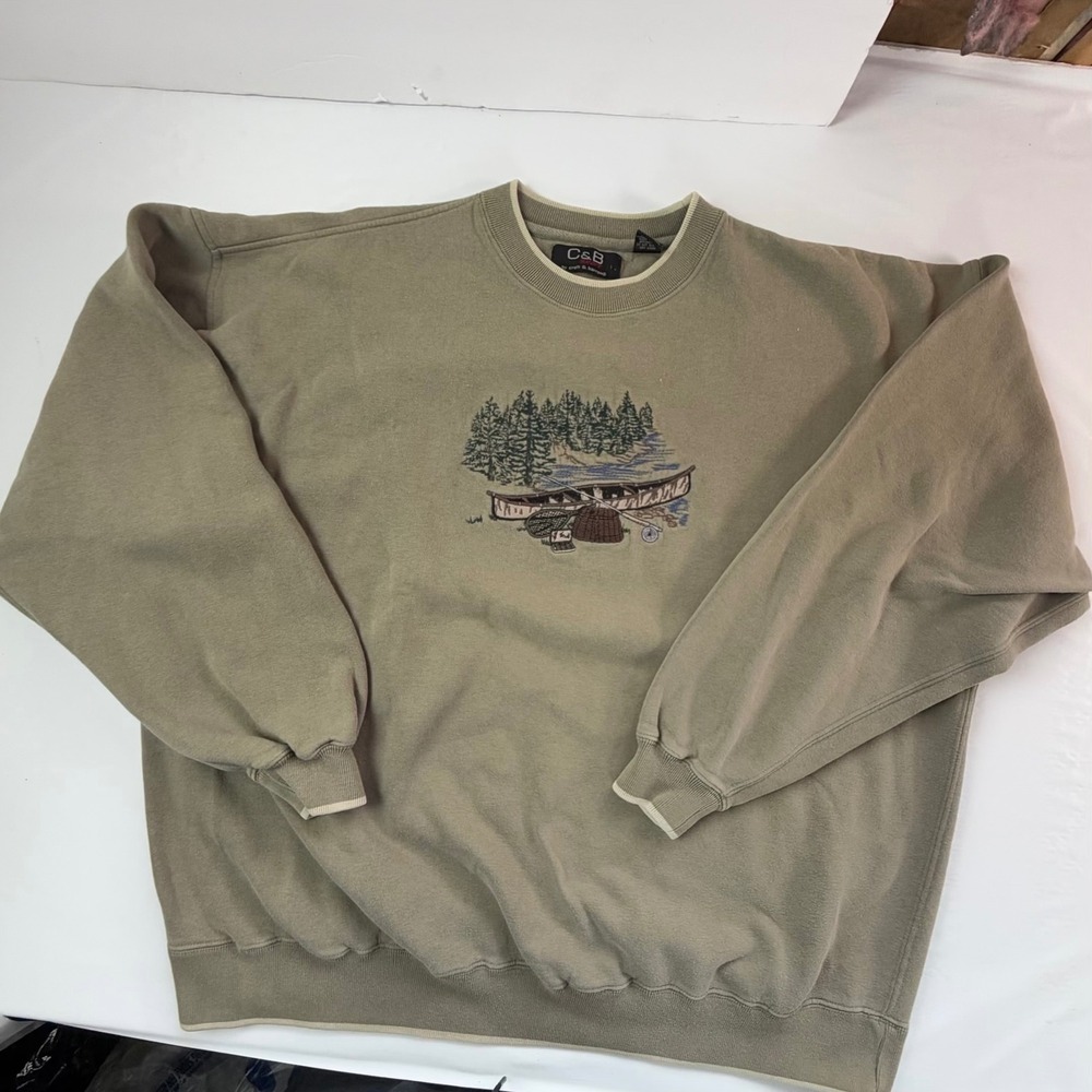 Croft & Barrow Sweatshirt Mens XXL Green Embroidered Fishing Canoe Nature